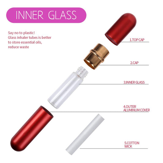 Close-up of refillable aluminum nasal inhalers with glass tubes