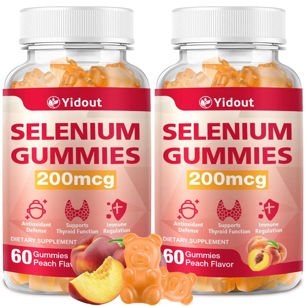 Front packaging of Yidout Selenium Thyroid Support Gummies Peach Flavor – 60-count bottles (Pack of 2)