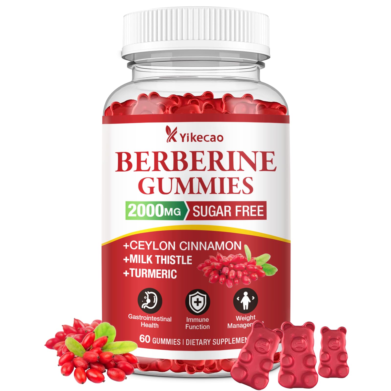 Front of Yikecao Berberine Gummies bottle with Cinnamon Raspberry flavor