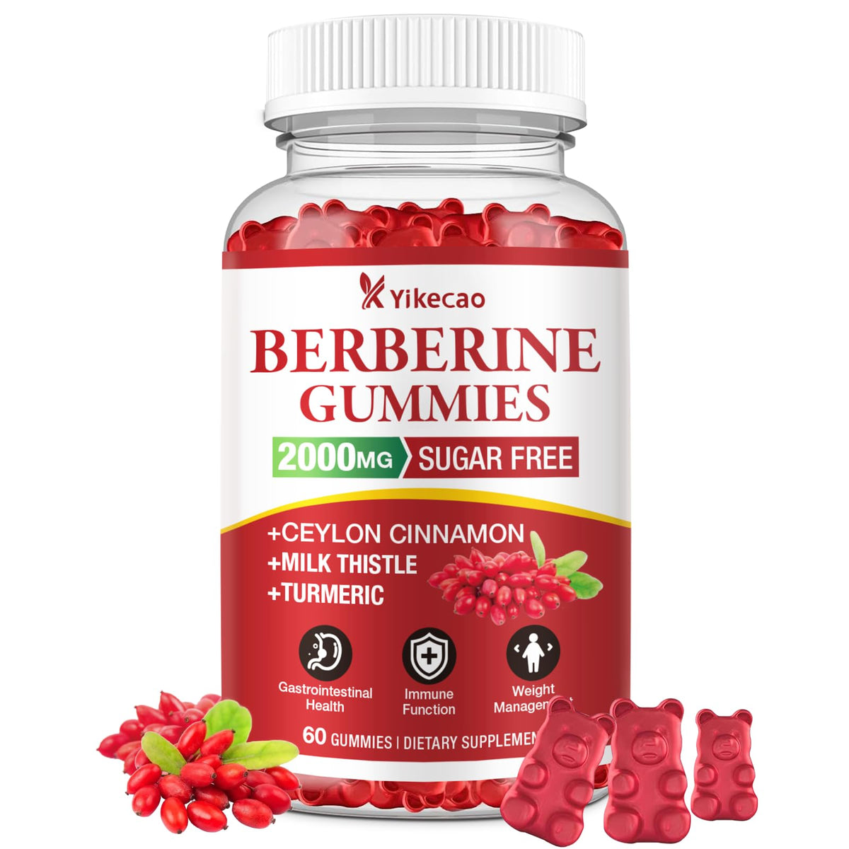 Front of Yikecao Berberine Gummies bottle with Cinnamon Raspberry flavor