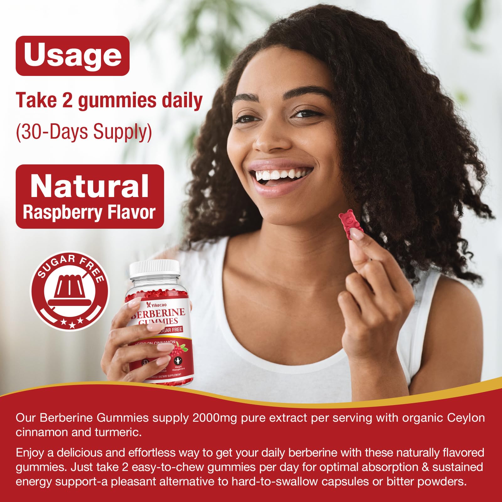 Serving illustration showing 2,000mg Berberine and 500mg Cinnamon per serving