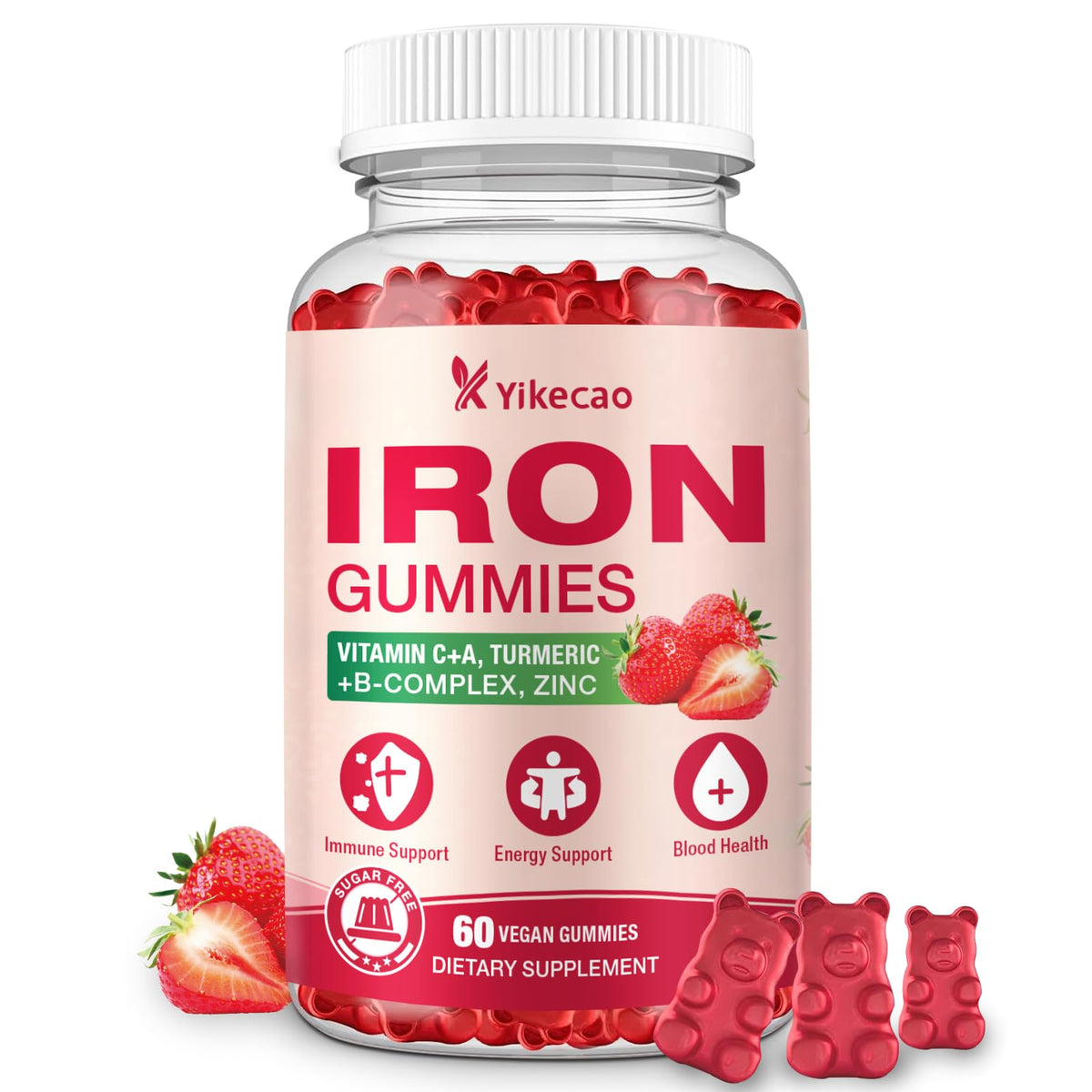 Front view of Yikecao Iron Supplement Gummies bottle with strawberry flavor label