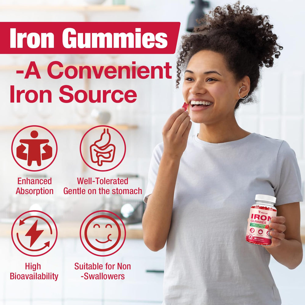 Close-up of strawberry flavored vegan iron gummies