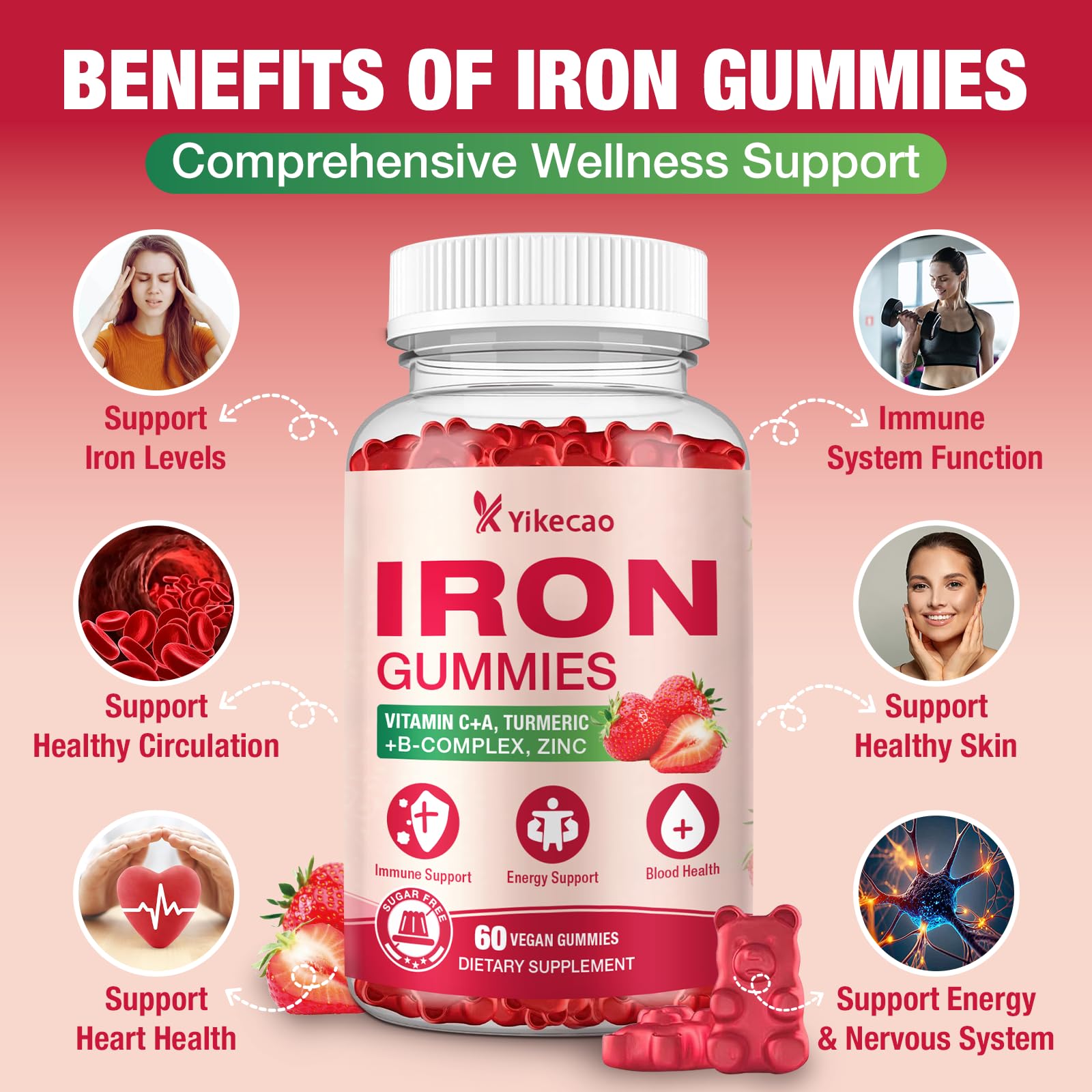 60-count bottle packaging for Yikecao Iron Supplement Gummies
