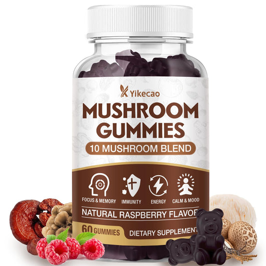 Yikecao Mushroom Gummies bottle – Raspberry flavor, 60 count