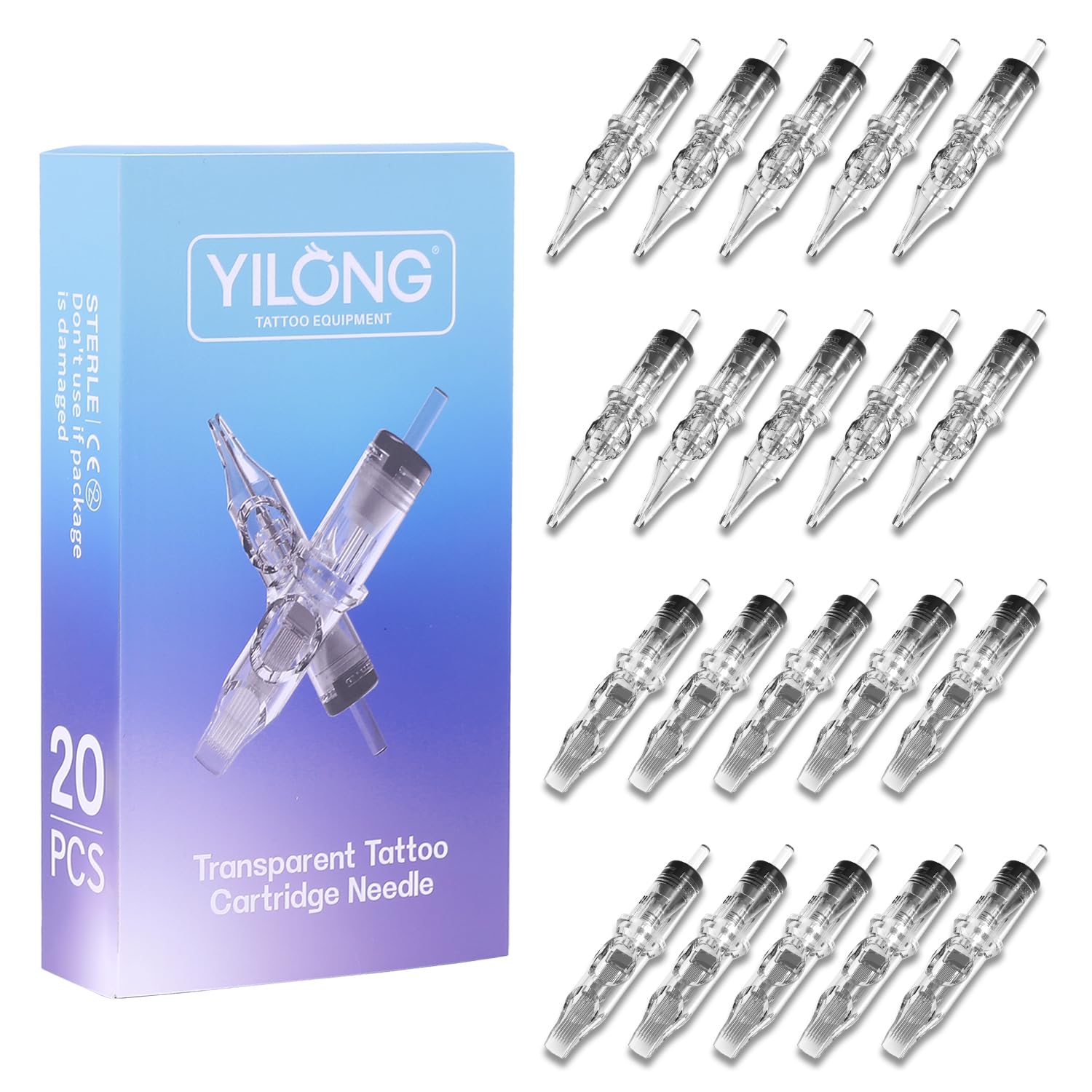 YILONG disposable tattoo needle cartridges, 20pcs mixed sizes for versatile linework and shading.