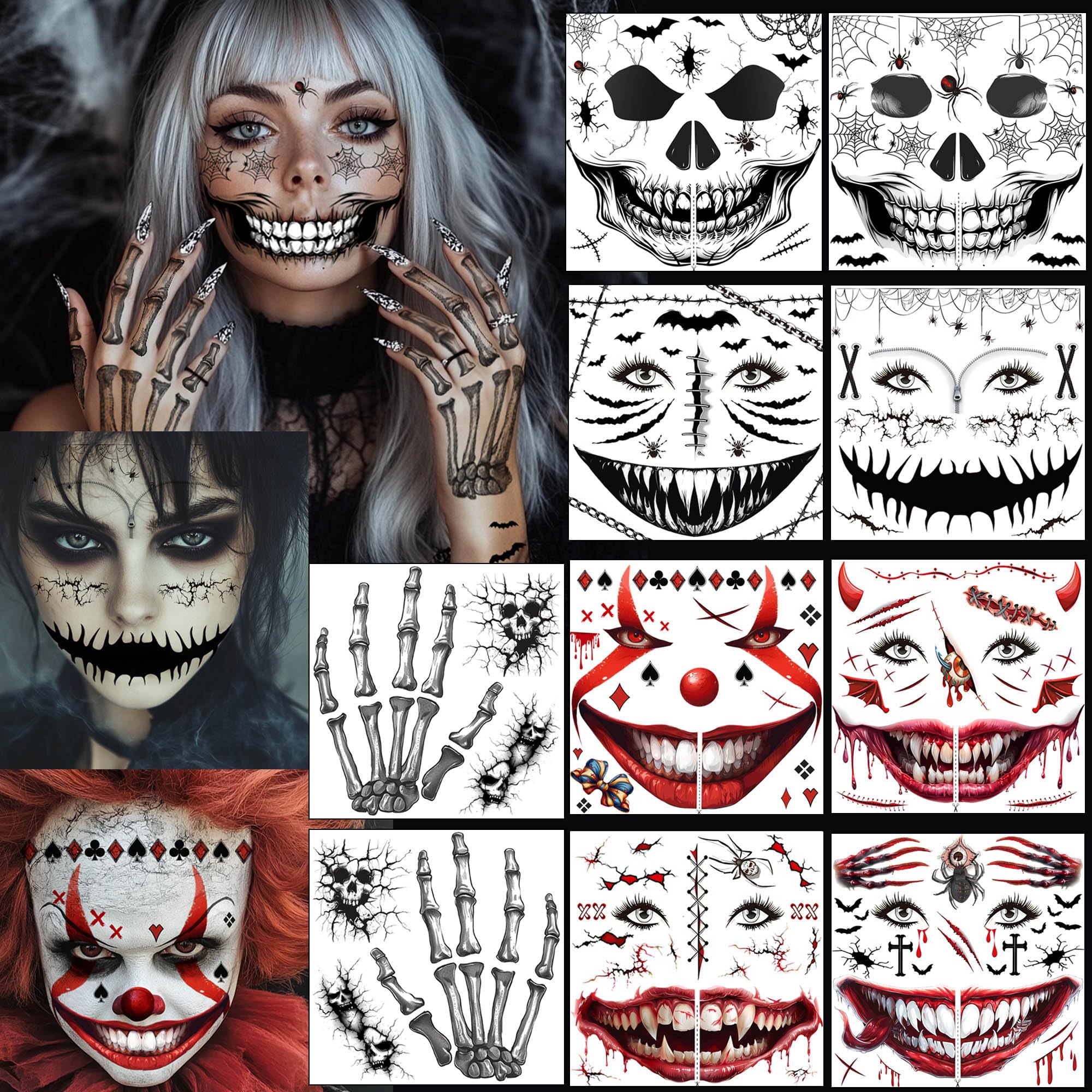 Yitla ghost-face tattoo stickers for dramatic Halloween look.