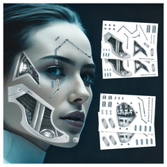 Yitla Death Metal Cyborg tattoo four-pack on the face for bold cosplay looks.