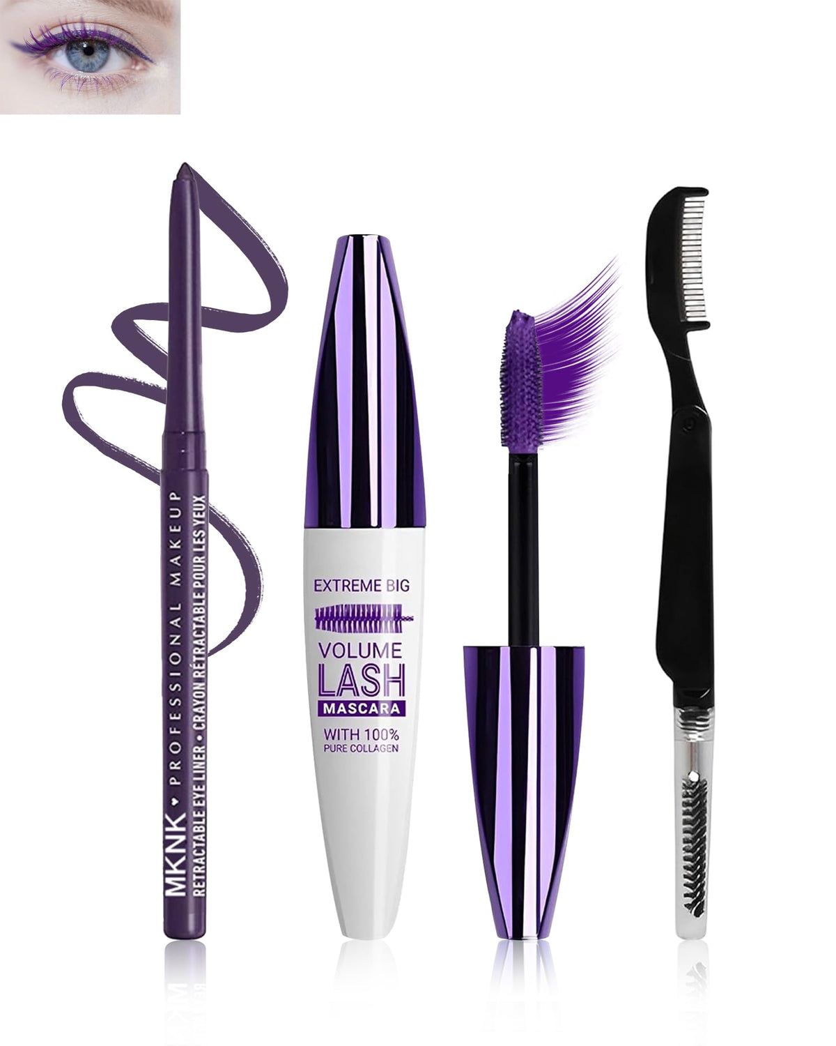 YizanYan purple mascara brush close-up showing defined volume and curl potential