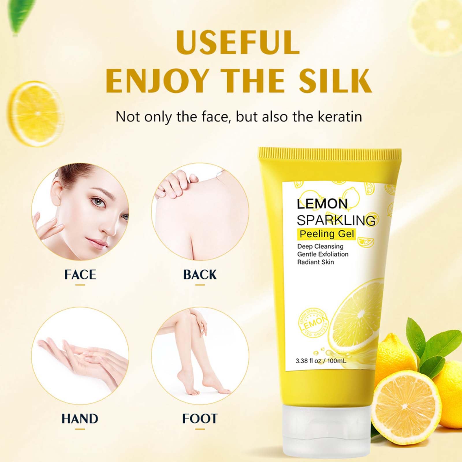 YJLYQF Lemon Exfoliating Gel bottle pouring to show product consistency and freshness.