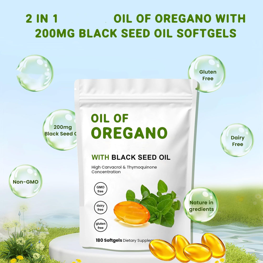 Herbal supplement bottle showing organic oregano oil and black seed oil