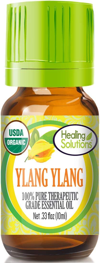 Front view of Healing Solutions Organic Ylang Ylang Essential Oil bottle, 0.33 oz (10 ml)