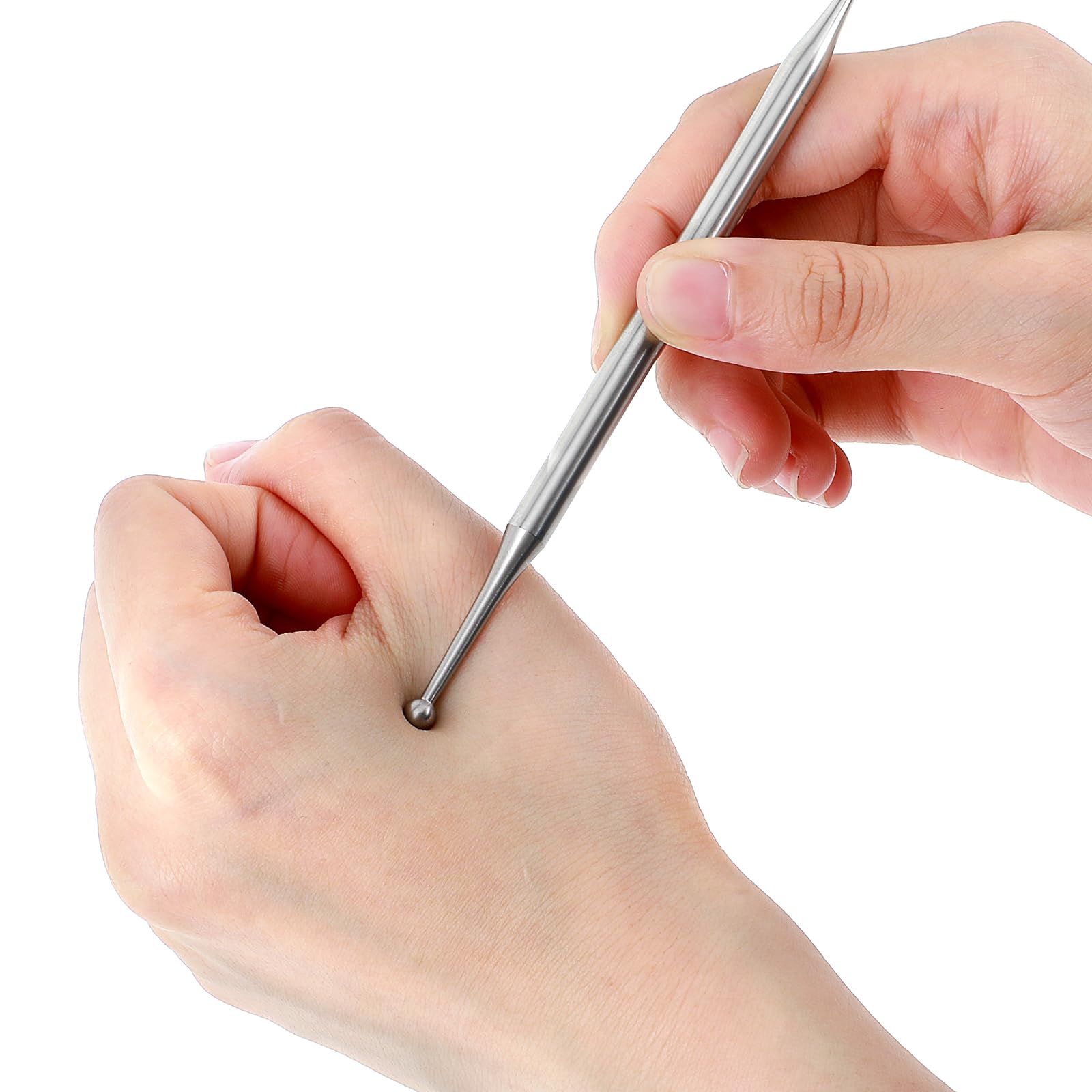 Using acupuncture pen on feet and shoulders for trigger point relief
