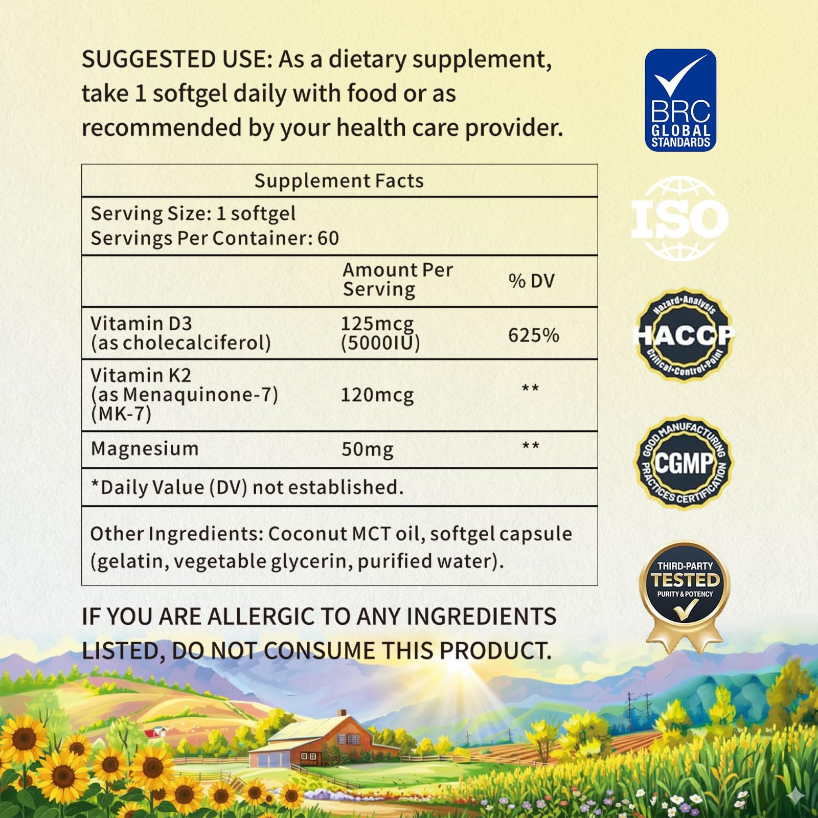 Vegan Vitamin D3 and MK-7 K2 (120 mcg) softgels for daily wellness