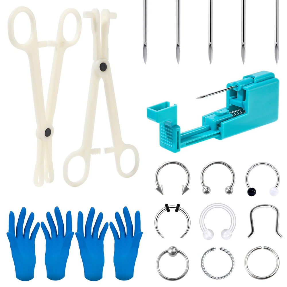 YOFANST Style D piercing kit parts with sterilized components for at-home use.