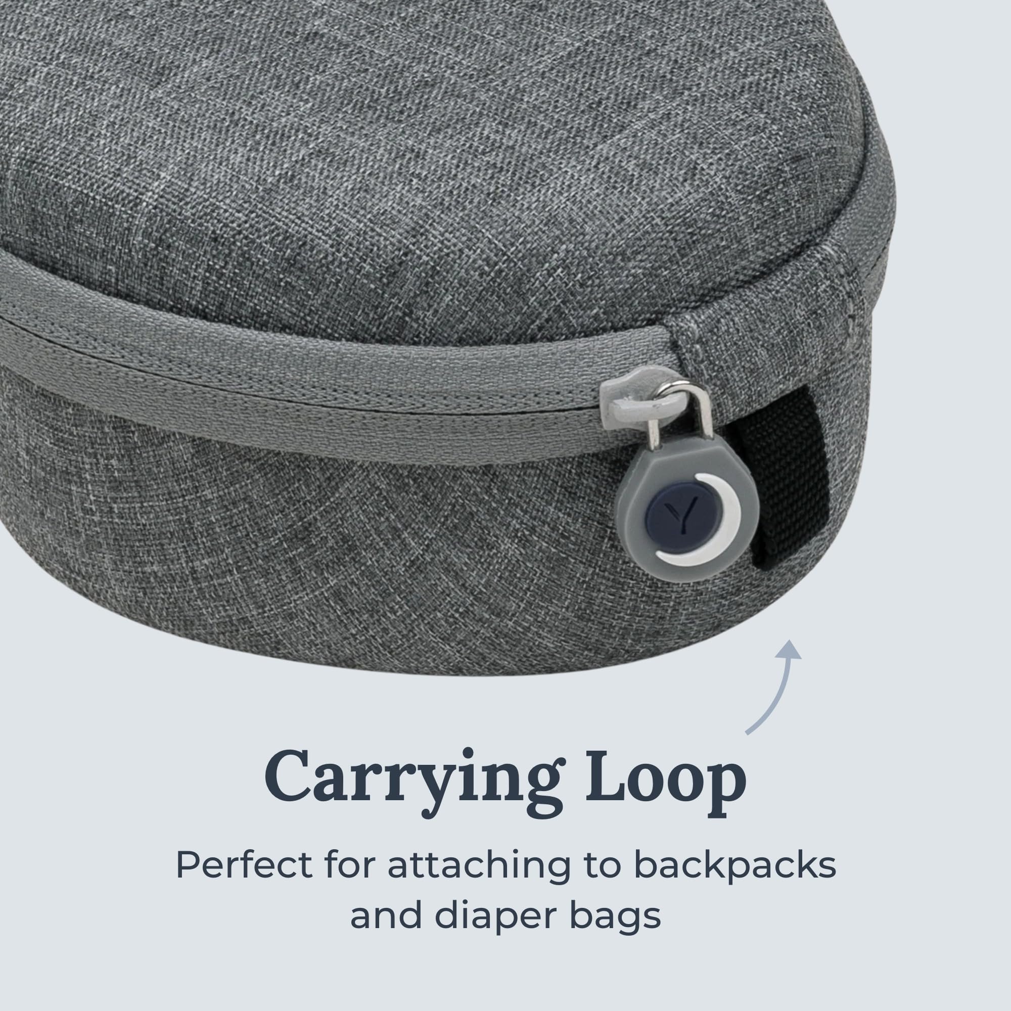 Yogasleep case highlights double-stitched zipper for secure transport.