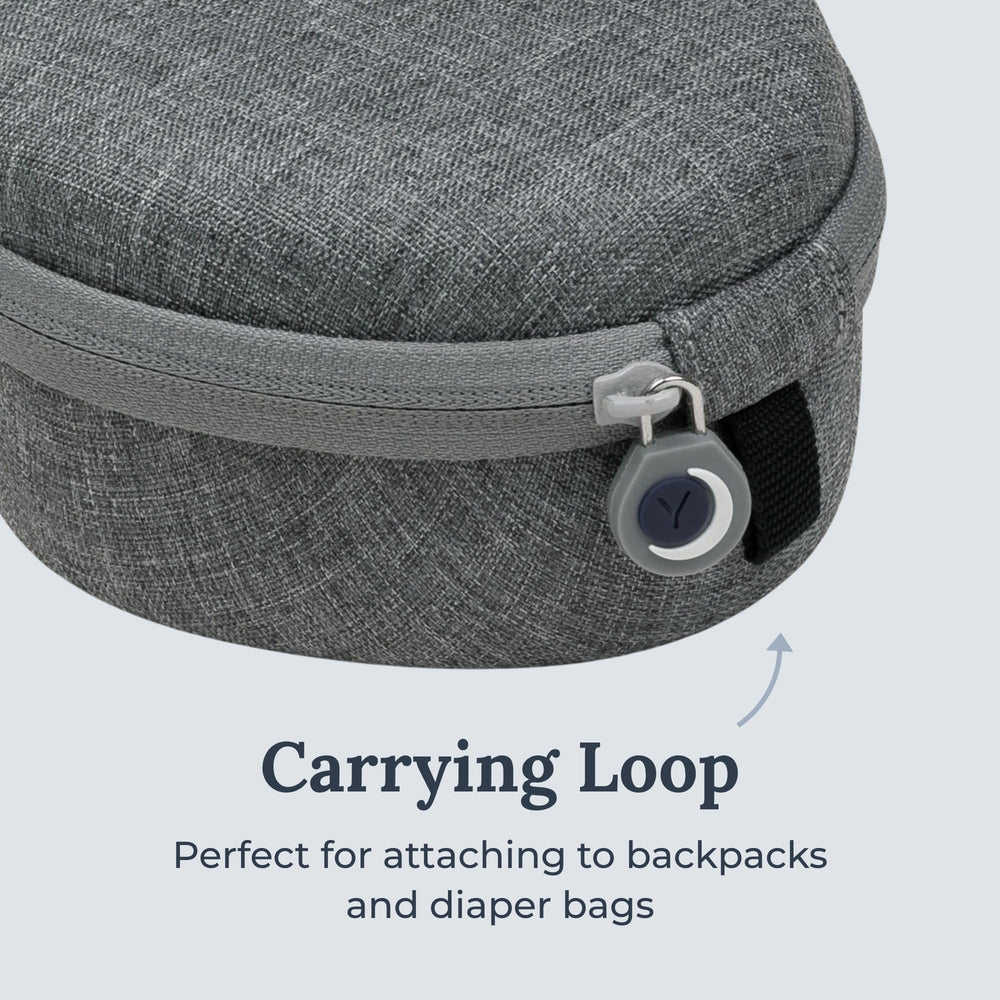 Yogasleep case highlights double-stitched zipper for secure transport.