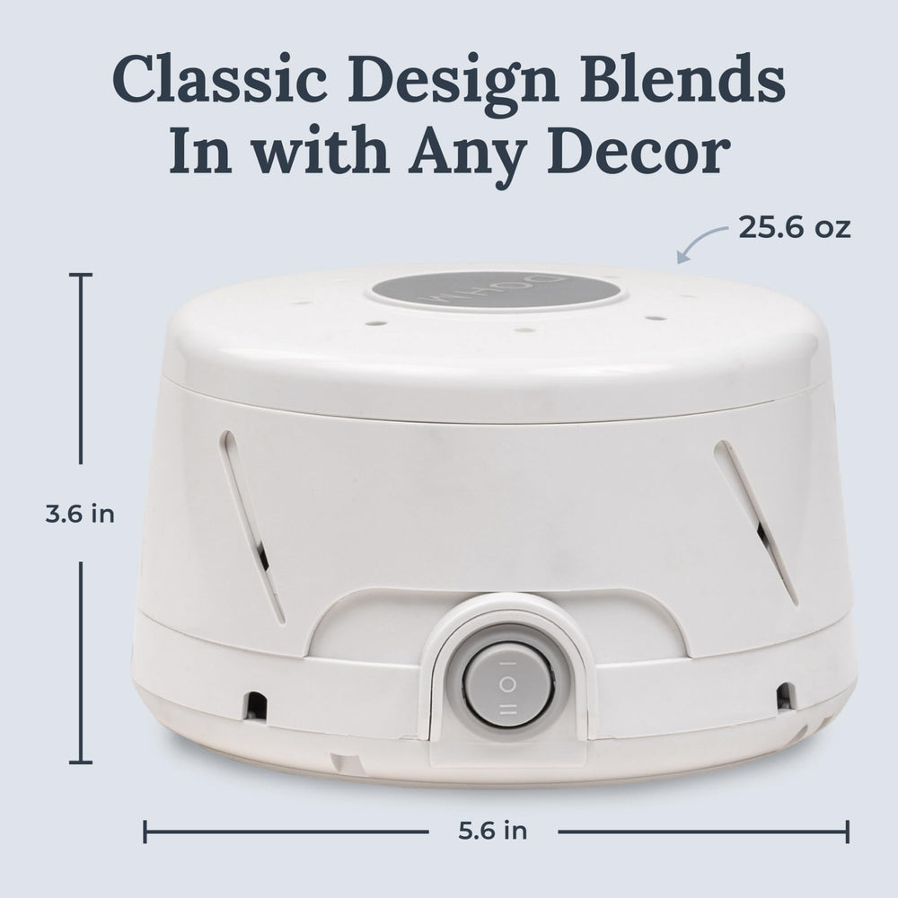 The Yogasleep Dohm Classic 2-pack bedroom setup demonstrates a peaceful sleep environment.