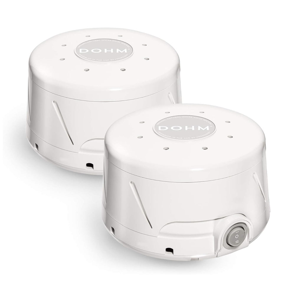 The Yogasleep Dohm Classic 2-pack front view shows two white sound machines for a calming sleep setup.