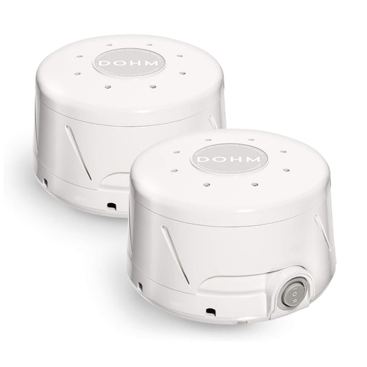 The Yogasleep Dohm Classic 2-pack front view shows two white sound machines for a calming sleep setup.