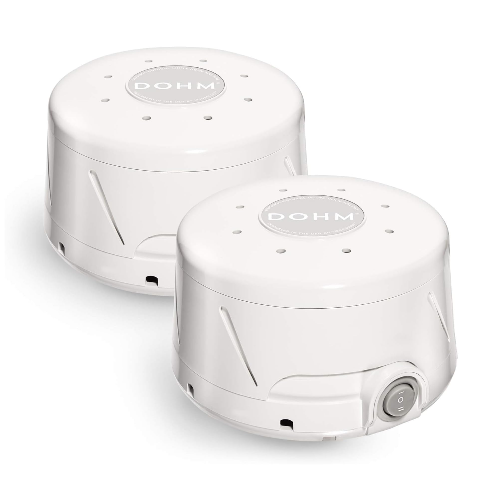 The Yogasleep Dohm Classic 2-pack front view shows two white sound machines for a calming sleep setup.