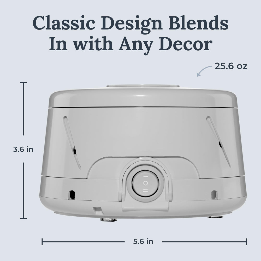 Yogasleep Dohm Classic Gray in-bedroom setup, plug-and-play convenience for bedtime routines