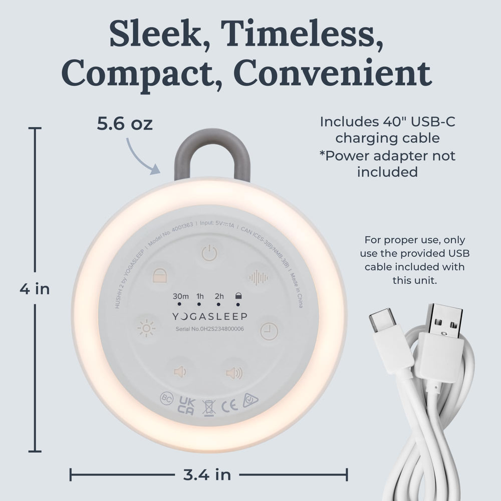 Yogasleep Hushh 2 usb-rechargeable design provides long playback between charges.