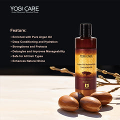 YOGI CARE Argan Oil Conditioner close-up shows glossy, smooth strands.