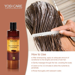YOGI CARE product shot emphasizes hydrating protection for curly and frizz-prone hair.
