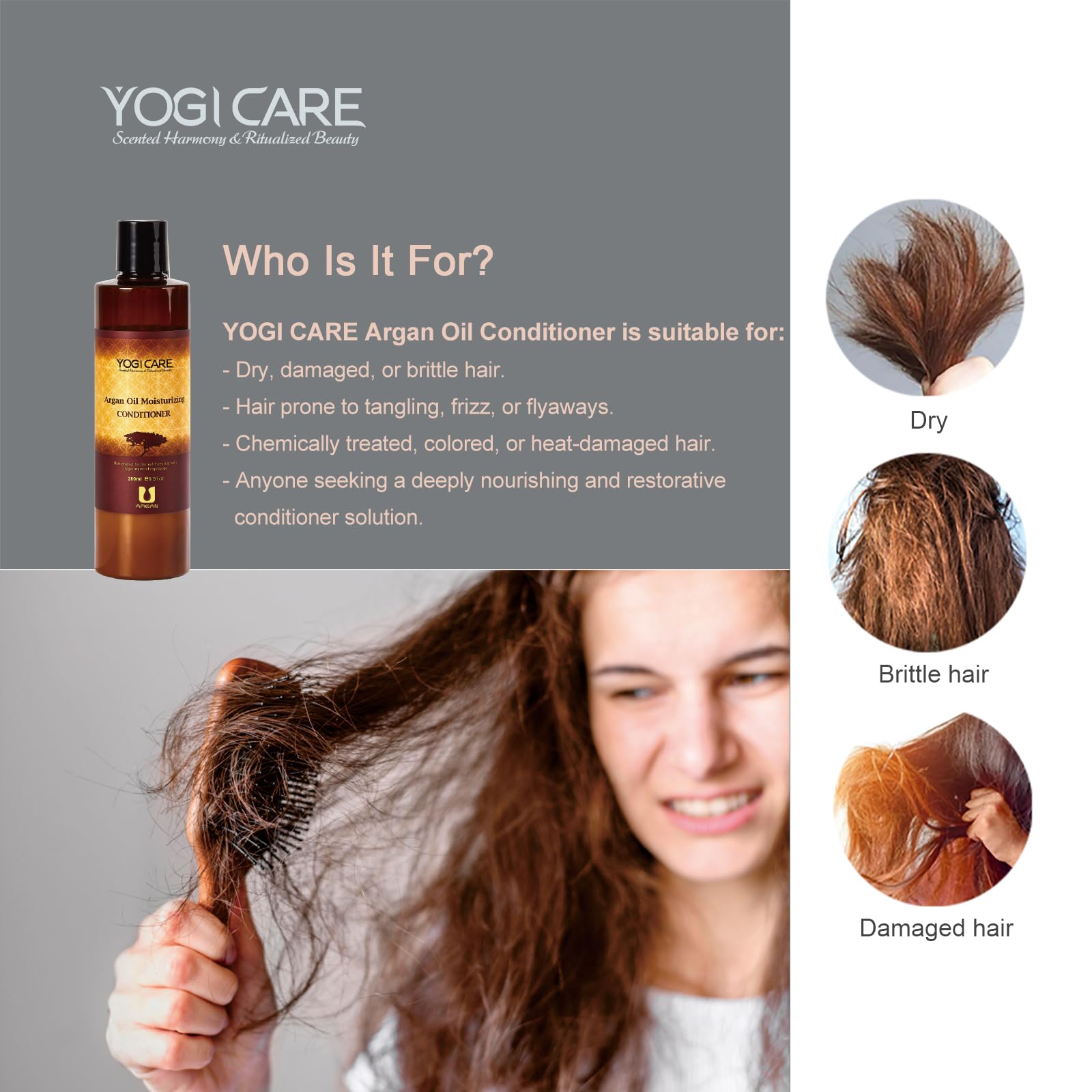 YOGI CARE Argan Oil Conditioner application scene suggests easy detangling.