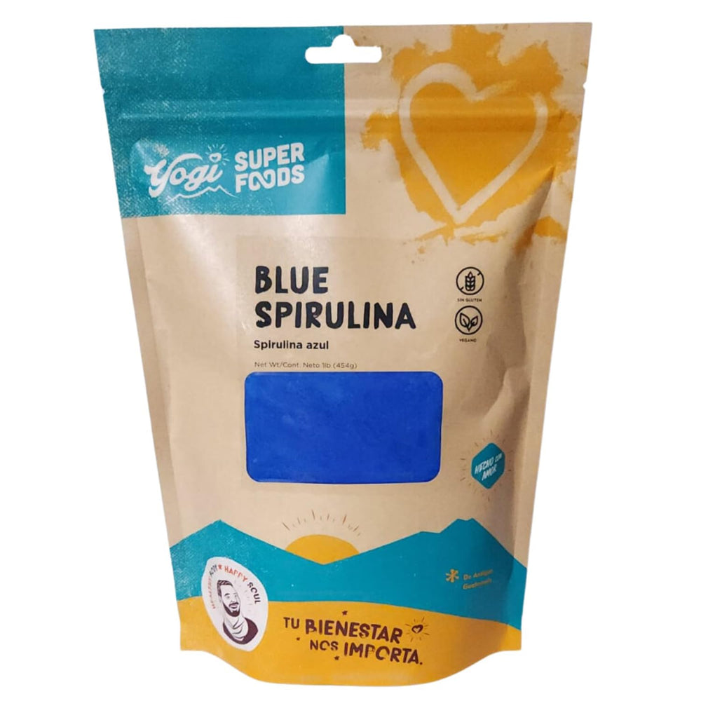 Front view of Yogi Super Foods Blue Spirulina Powder 16oz bag