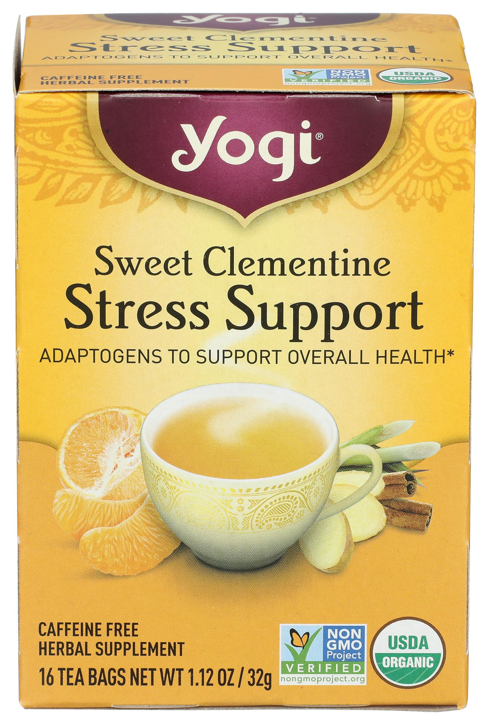 Box front of Yogi Tea Organic Sweet Clementine Stress Support 16 Count