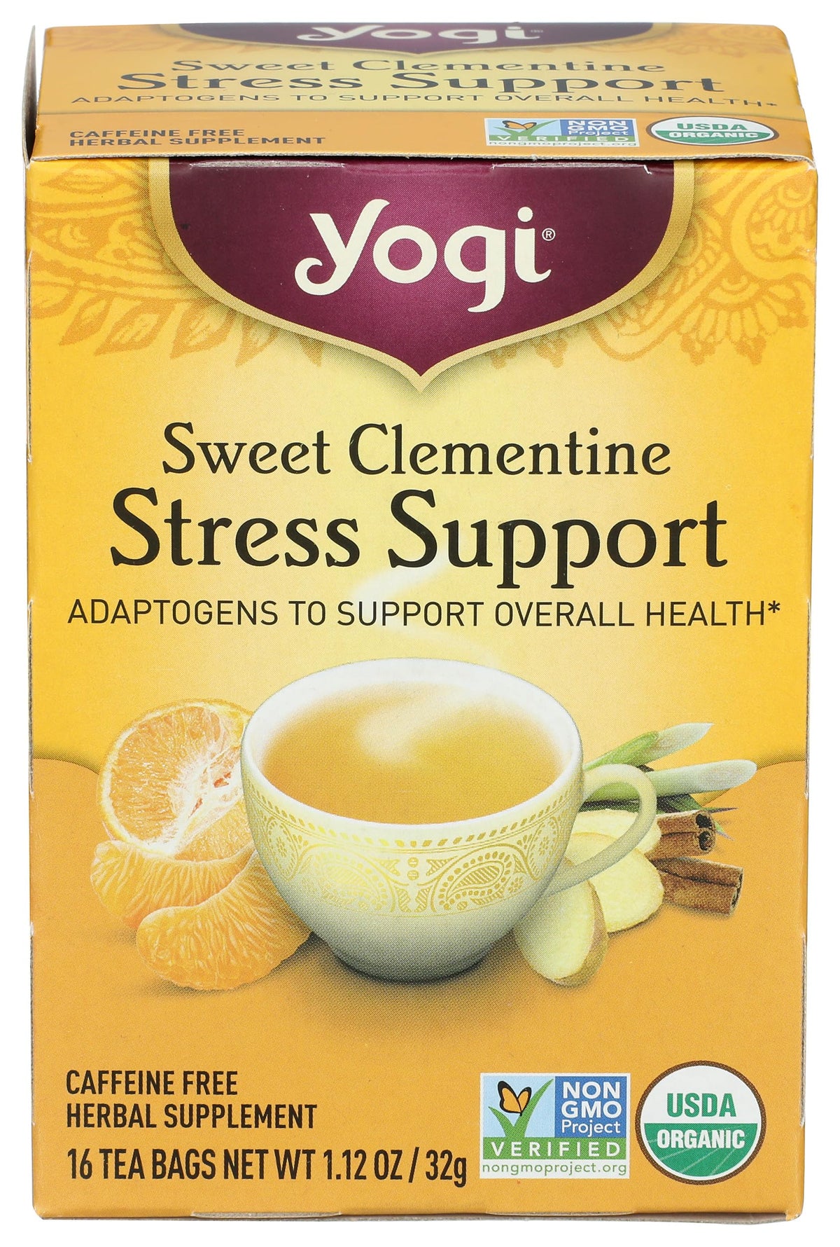 Box front of Yogi Tea Organic Sweet Clementine Stress Support 16 Count