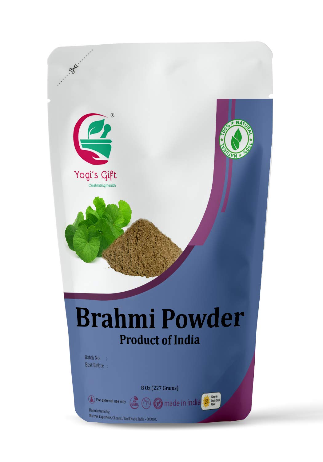 Yogi’s Gift Brahmi powder 8 oz bottle highlighting herbal formula for hair health