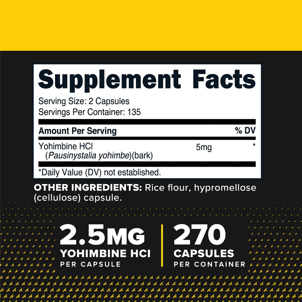 Close-up of Yohimbine HCl 2.5mg capsules in bottle