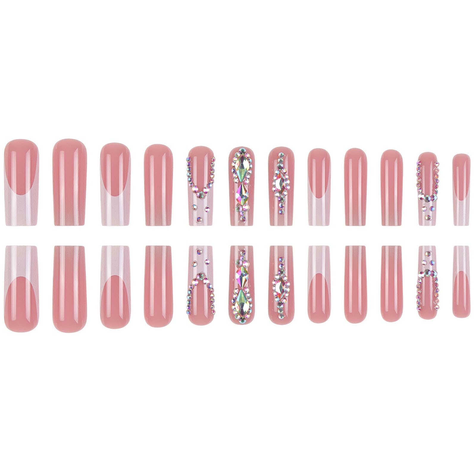 Hands showcase YOJIATOP nude gradient nails with rhinestones for versatile wear.