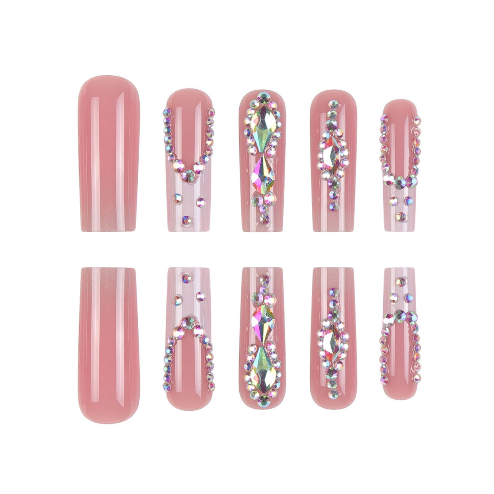 Close-up of YOJIATOP nude gradient nails with rhinestones for elegant party-ready style.