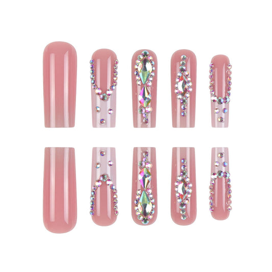 Close-up of YOJIATOP nude gradient nails with rhinestones for elegant party-ready style.