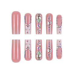 Close-up of YOJIATOP nude gradient nails with rhinestones for elegant party-ready style.