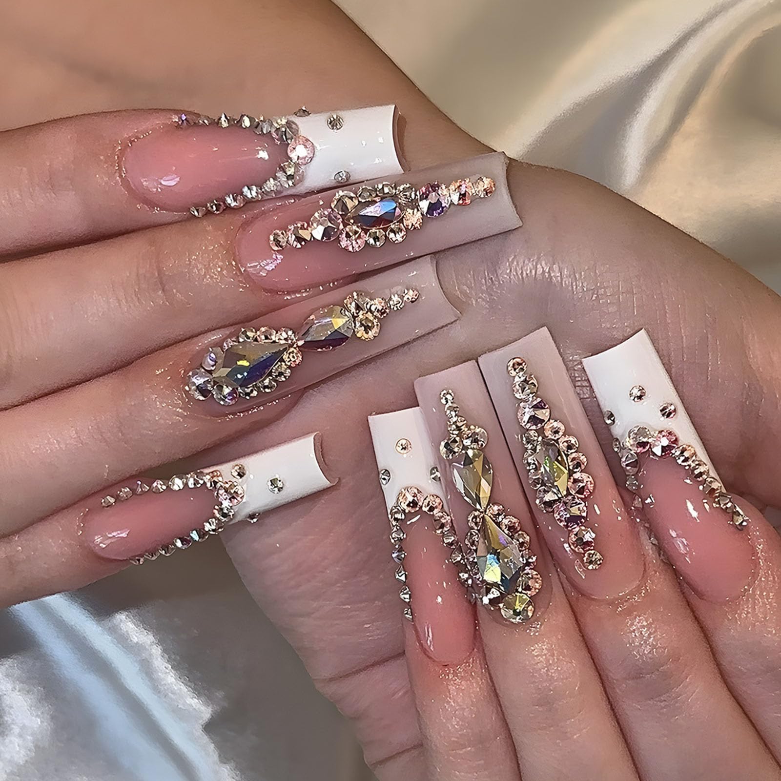 YOJIATOP square press-on nails in white French tip for a quick, glossy manicure.