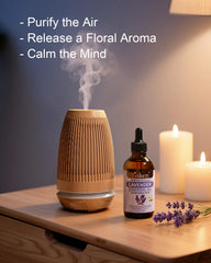 Close-up of Yoken Lavender Essential Oil bottle