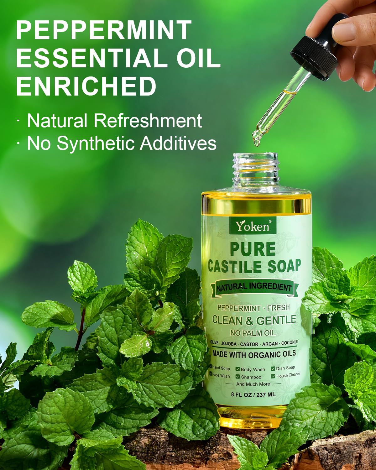 Yoken peppermint castile soap foaming lather on dishes and kitchen surfaces