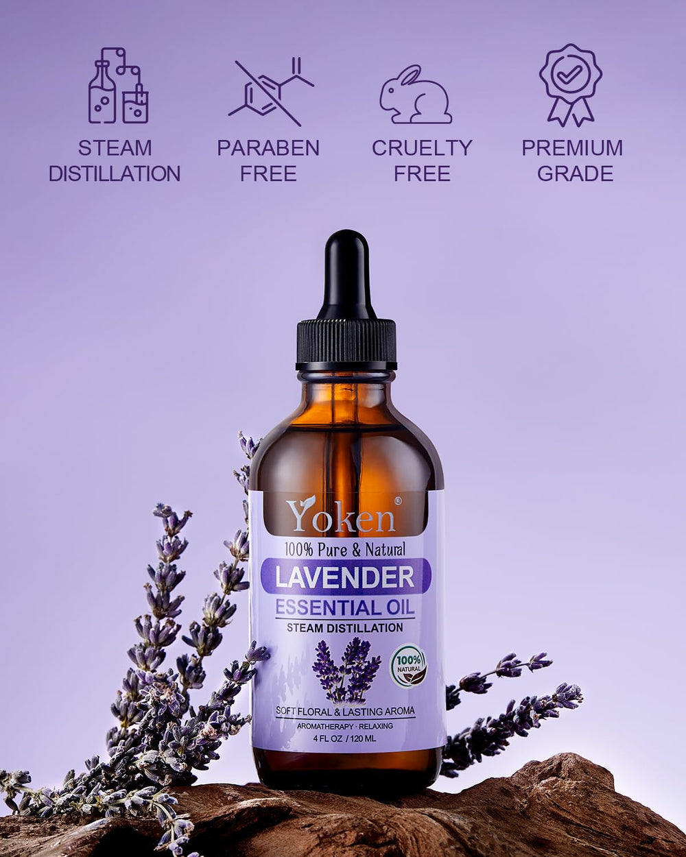 Premium grade lavender oil in amber glass bottle