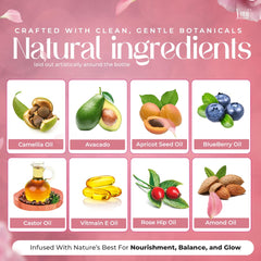 Ingredients apricot, jojoba, chamomile, and vitamin E displayed for skin nourishment.