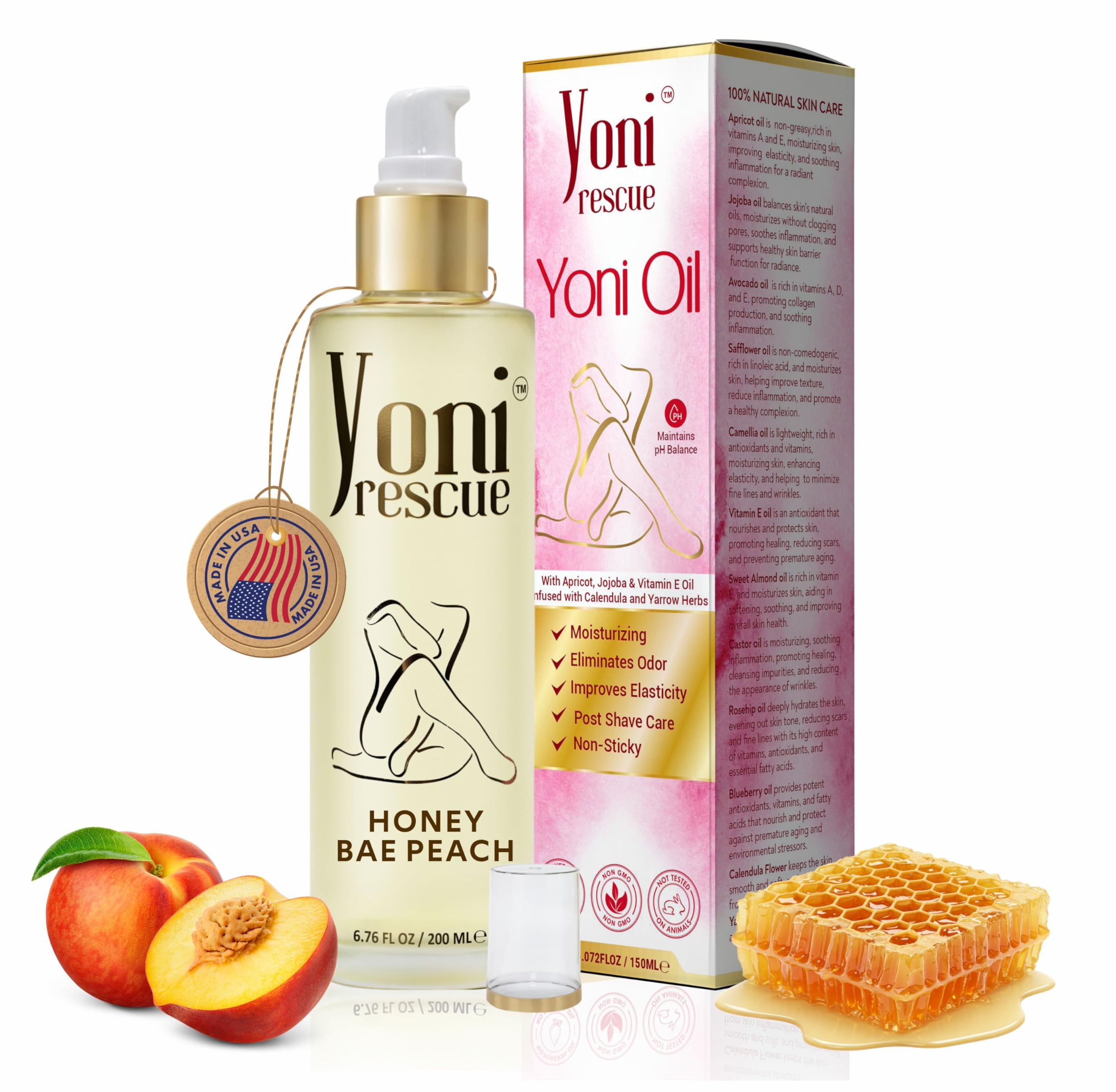 Yoni Rescue Peach Oil bottle closeup for intimate hydration