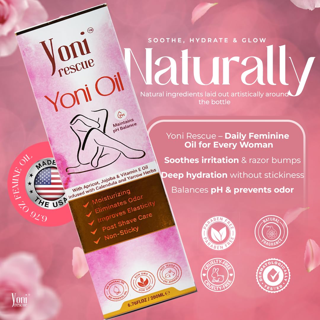 Yoni Rescue vanilla oil being applied by hands for gentle massage.