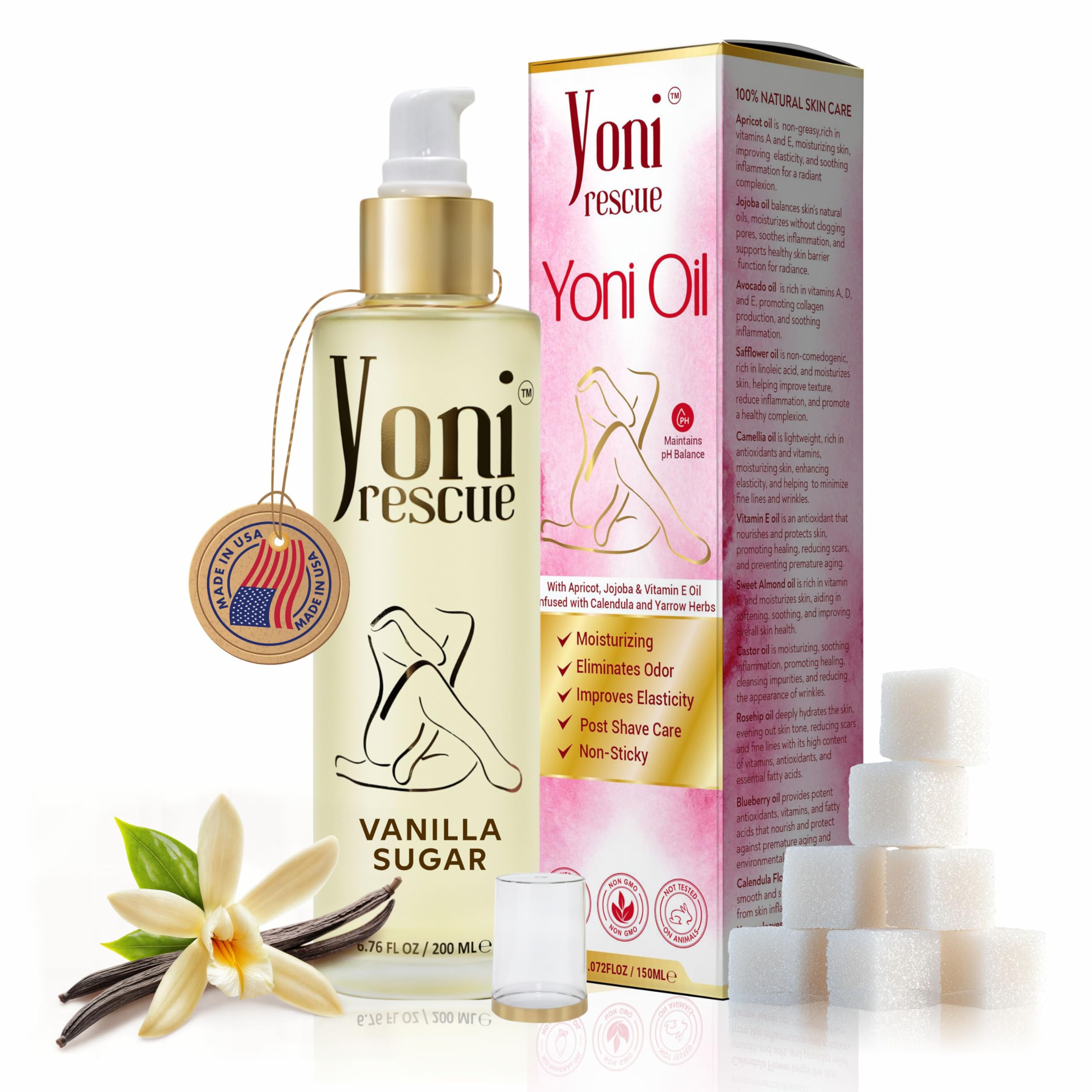 Yoni Rescue vanilla oil bottle front for daily intimate hydration.