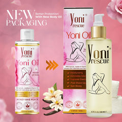 Yoni Rescue vanilla oil packaging on display for convenient daily use.