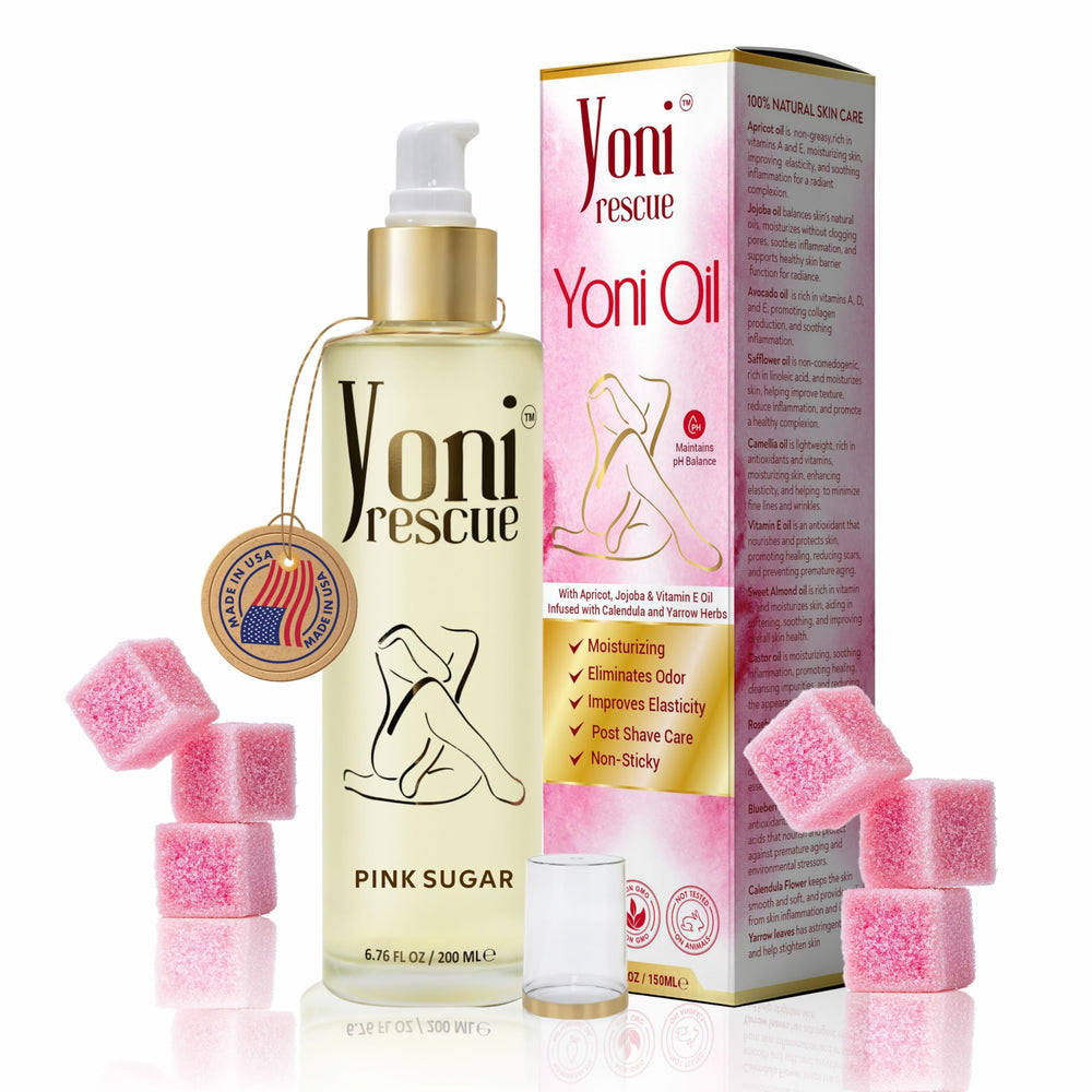 Yoni Rescue Yoni Oil 6.76oz bottle on a vanity for everyday intimate hydration.