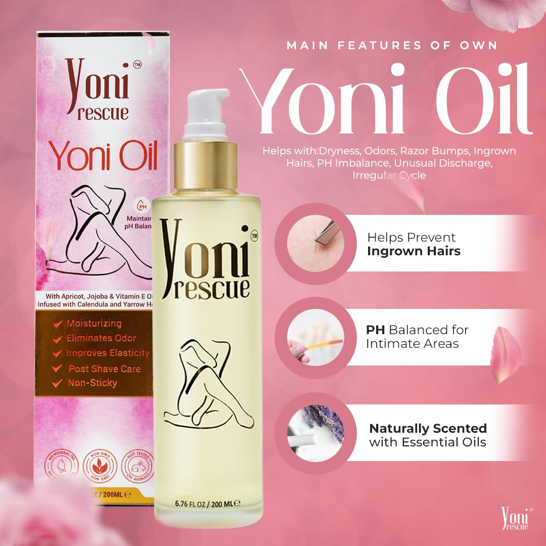 Closeup of Yoni Rescue Yoni Oil bottle showcasing premium herbal blend.